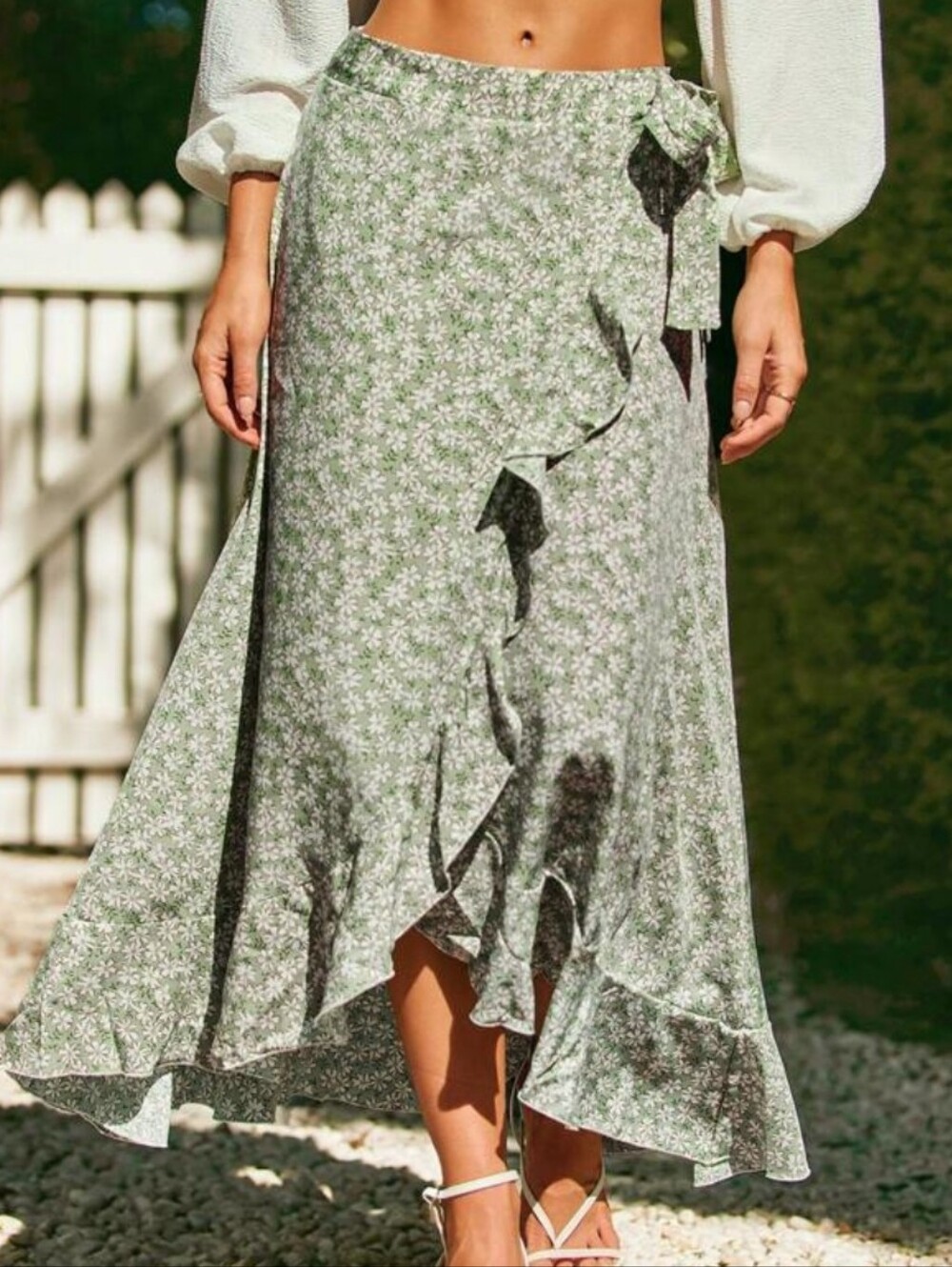 Cream Floral Ruffle Wrap Maxi Skirt - Picture 5 of 10